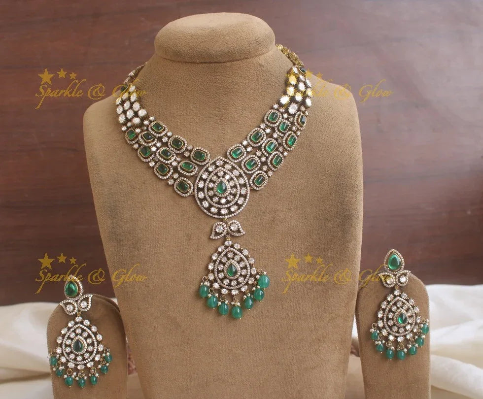 Grand layered Victorian AD necklace with Green colour stones and beads - Sparkle and Glow