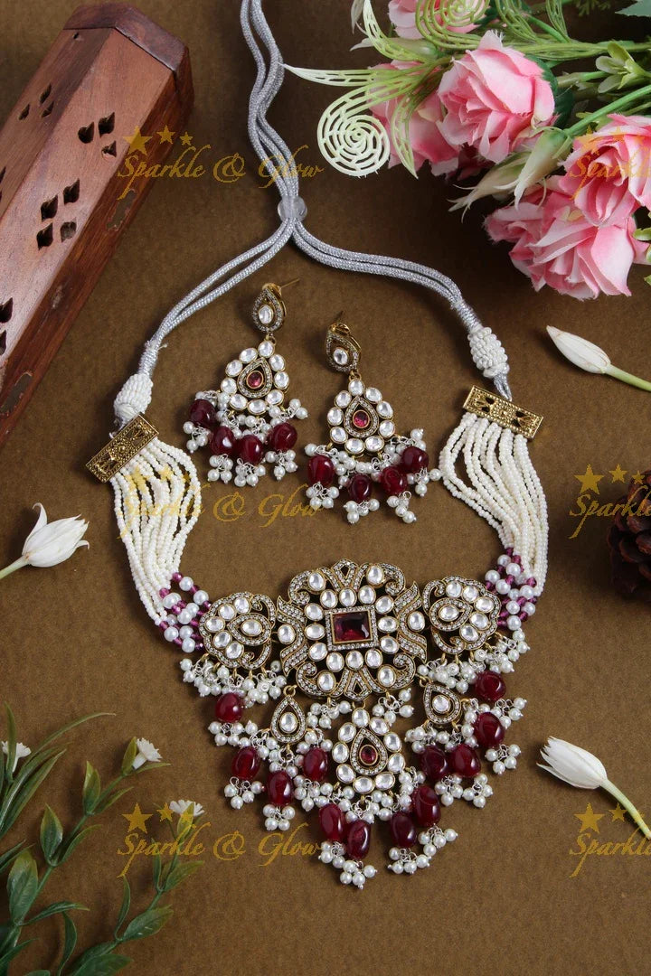 Statement floral design Victorian AD choker with multi layer pearl chain and maroon beads - Sparkle and Glow