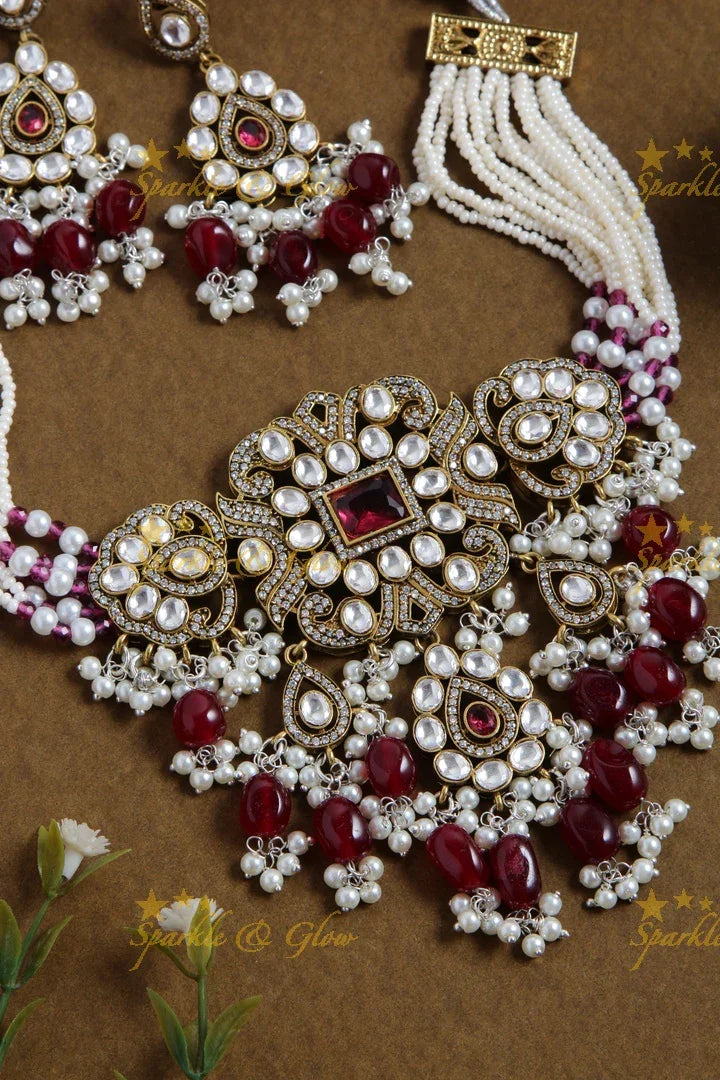 Statement floral design Victorian AD choker with multi layer pearl chain and maroon beads - Sparkle and Glow