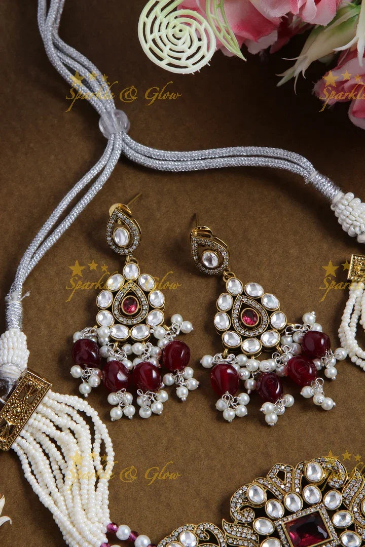 Statement floral design Victorian AD choker with multi layer pearl chain and maroon beads - Sparkle and Glow