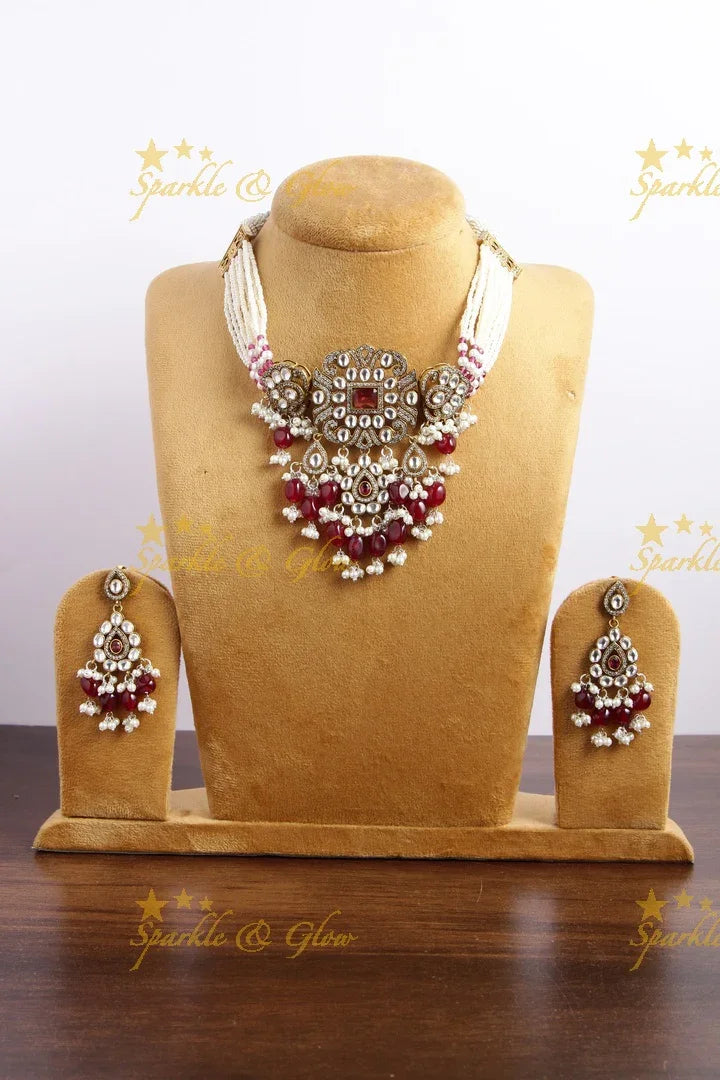 Statement floral design Victorian AD choker with multi layer pearl chain and maroon beads - Sparkle and Glow