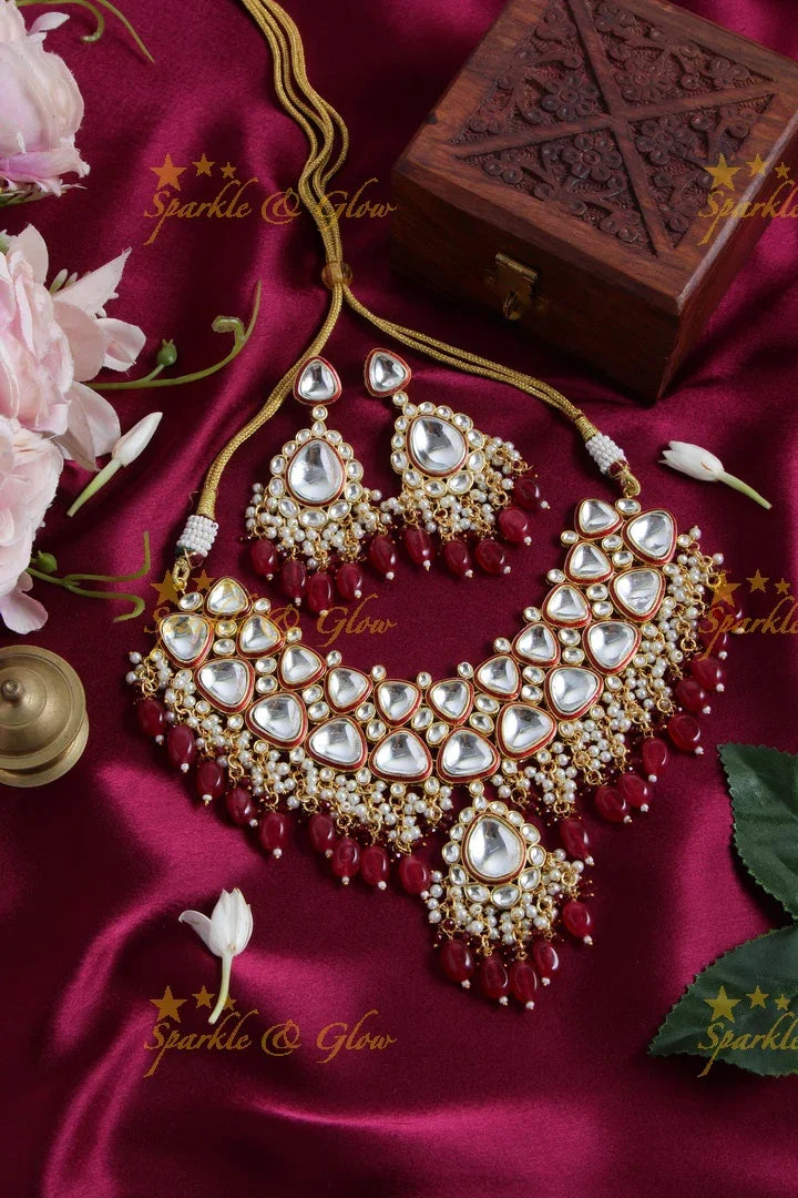 Gorgeous bridal kundan short necklace with pearls red beads - Sparkle and Glow