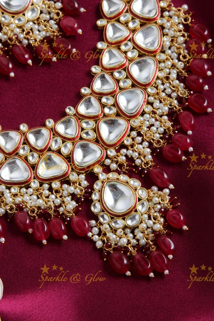 Gorgeous bridal kundan short necklace with pearls red beads - Sparkle and Glow