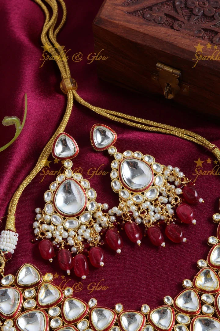 Gorgeous bridal kundan short necklace with pearls red beads - Sparkle and Glow