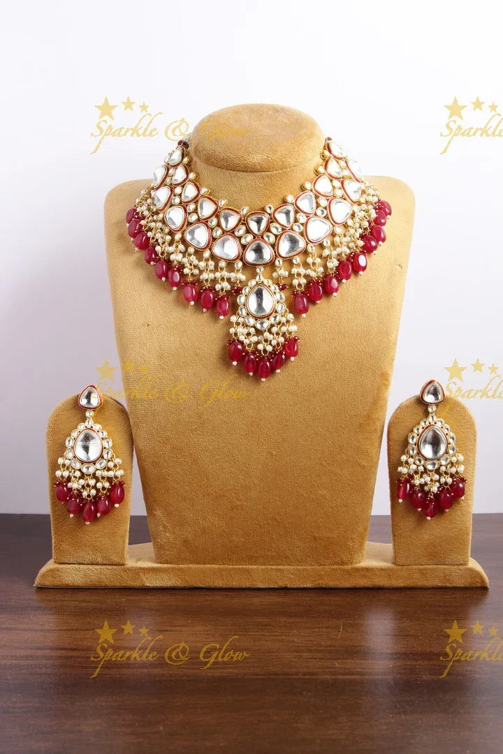 Gorgeous bridal kundan short necklace with pearls red beads - Sparkle and Glow
