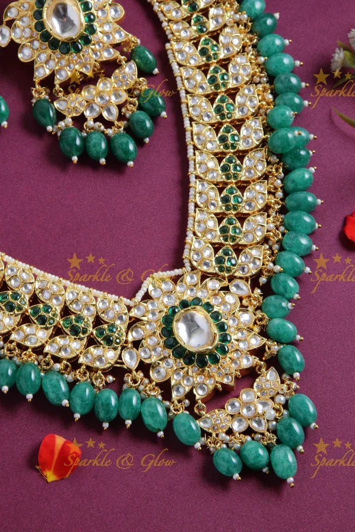 Grand intricate floral design kundan short necklace with pearls green beads - Sparkle and Glow