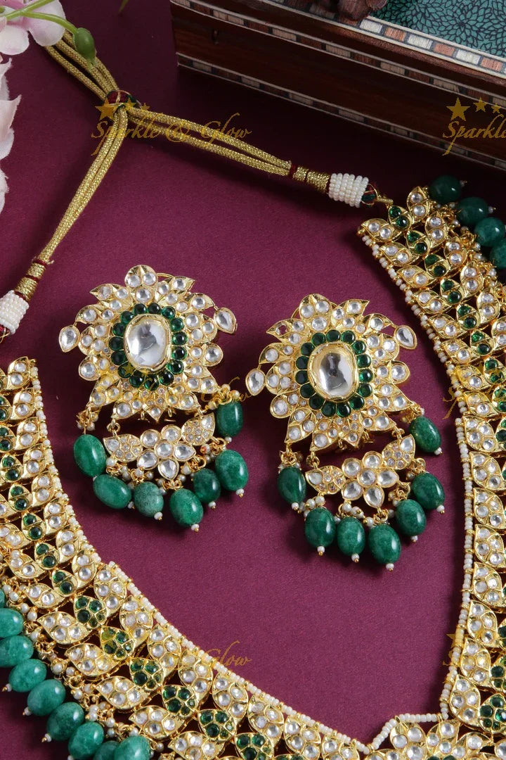 Grand intricate floral design kundan short necklace with pearls green beads - Sparkle and Glow