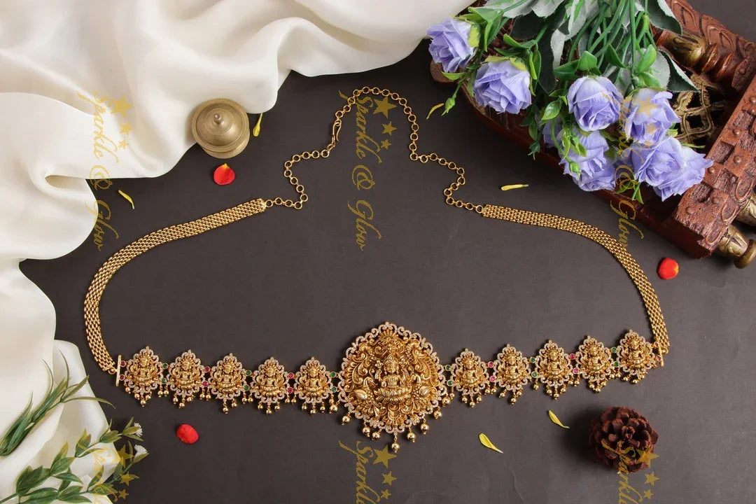 Glorious Lakshmi carved hipchain with cz stones - Sparkle and Glow
