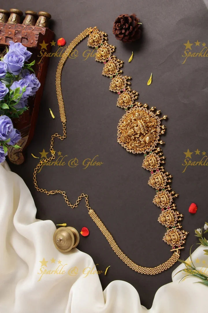 Glorious Lakshmi carved hipchain with cz stones - Sparkle and Glow
