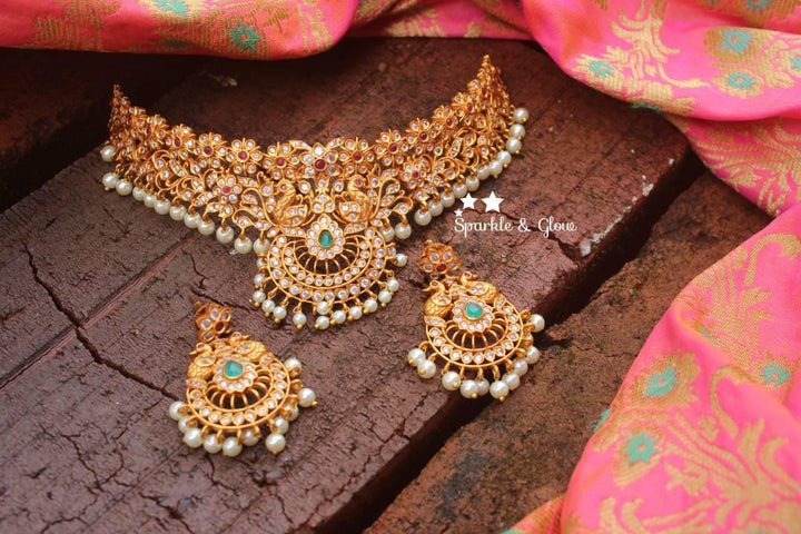 Peacock style premium quality matte choker with CZ stones - Sparkle and Glow