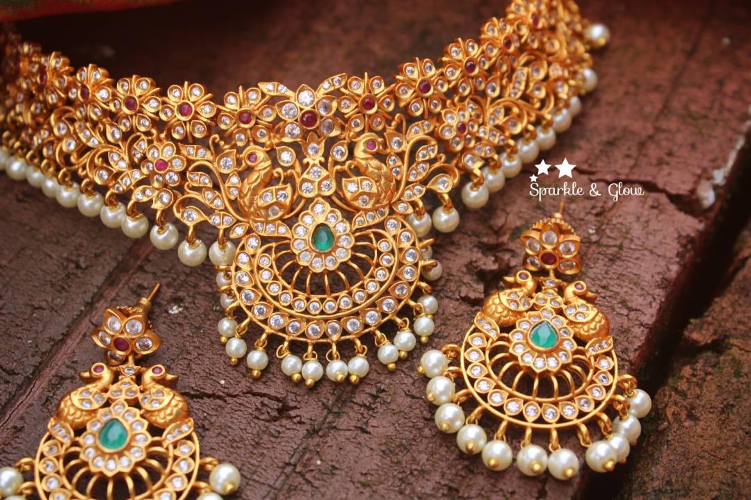 Peacock style premium quality matte choker with CZ stones - Sparkle and Glow