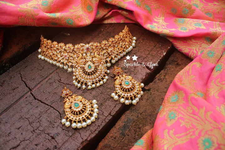 Peacock style premium quality matte choker with CZ stones - Sparkle and Glow