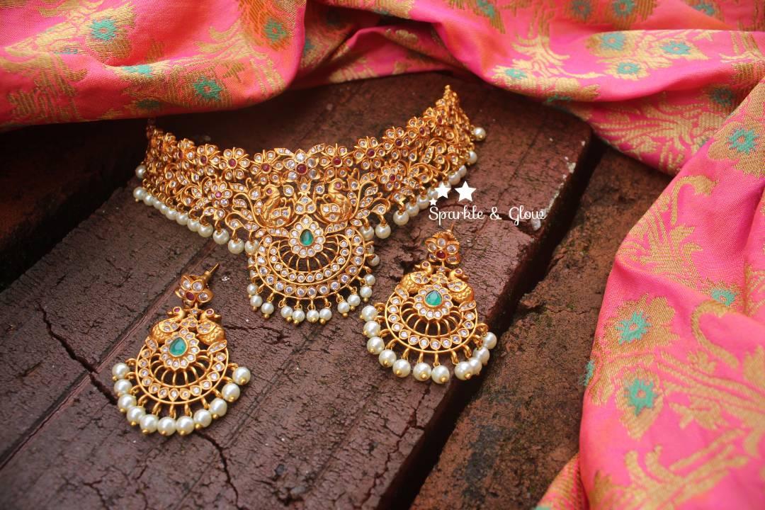 Peacock style premium quality matte choker with CZ stones - Sparkle and Glow