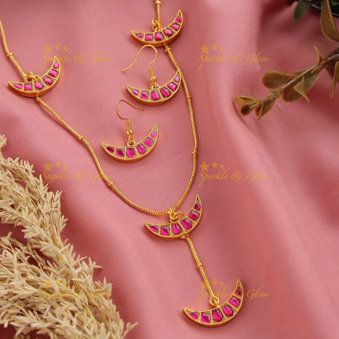 Elegant half moon jadau short necklace - pink - Sparkle and Glow