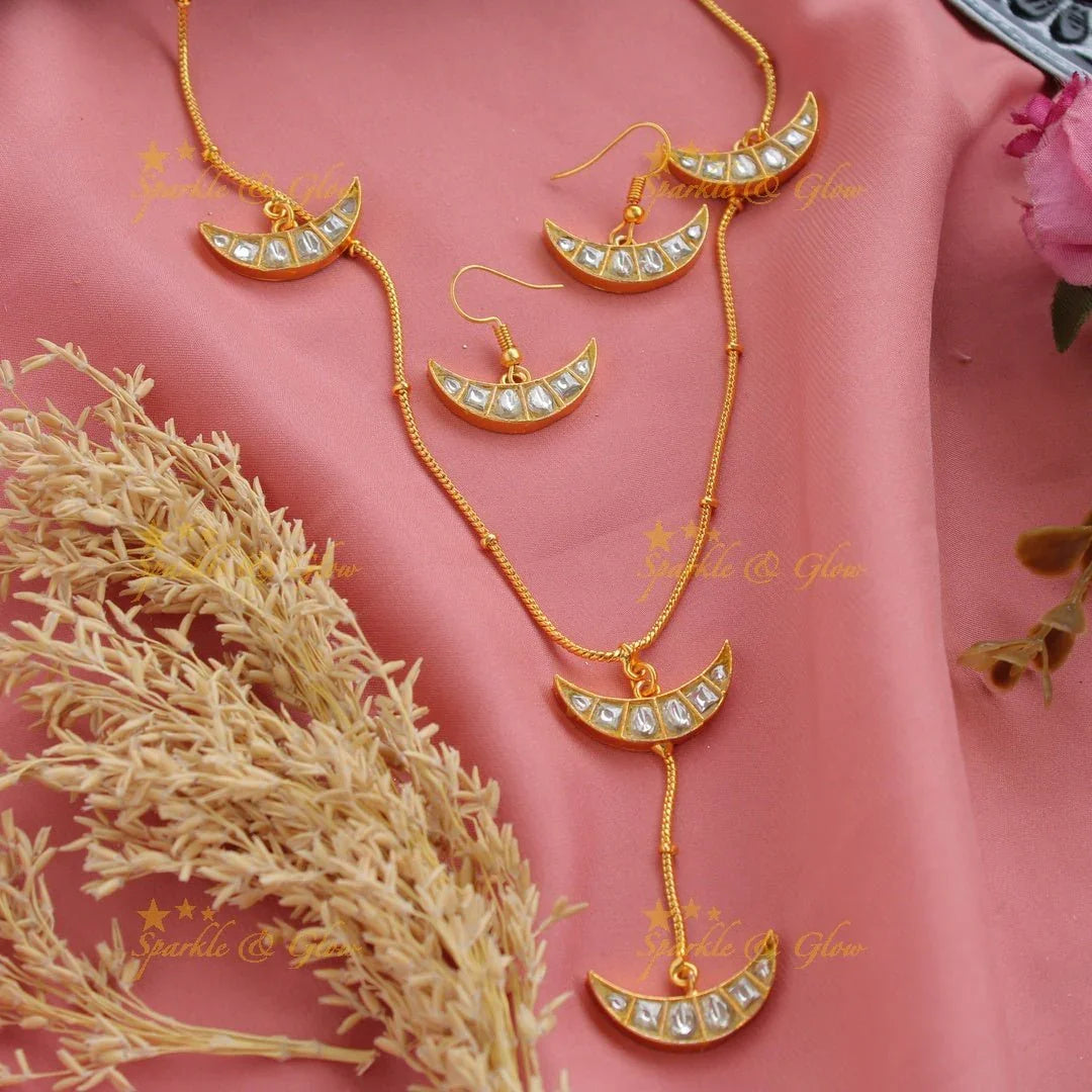 Elegant half moon jadau short necklace - pink - Sparkle and Glow