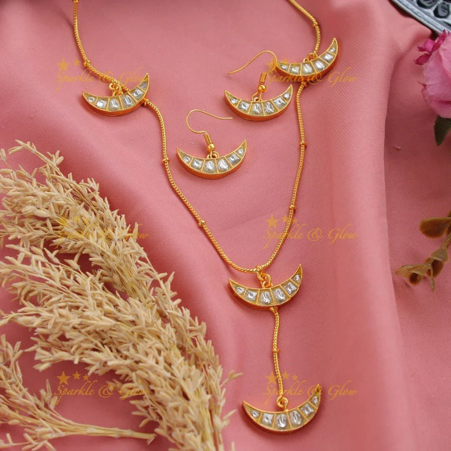 Elegant half moon jadau short necklace - pink - Sparkle and Glow