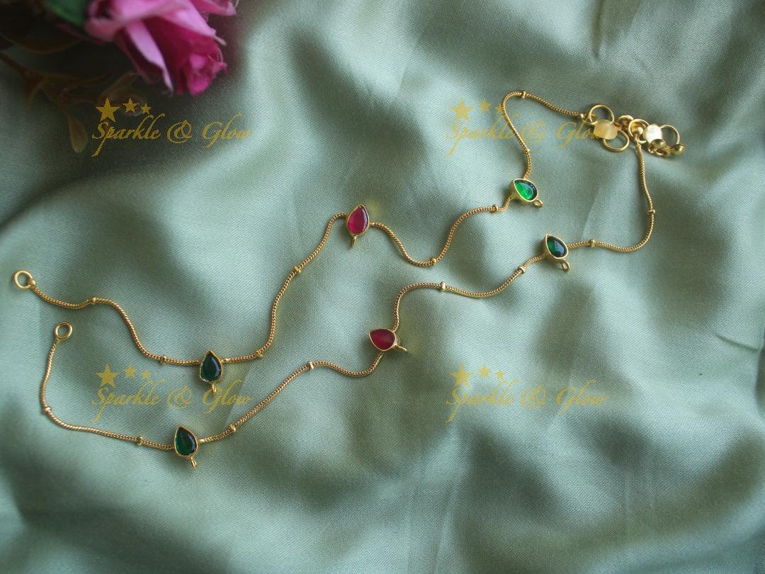 Statement petal shape red and green color jadau anklet - Sparkle and Glow