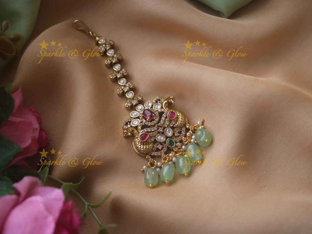 Green Stone Victorian Maang Tikka | Peacock Design
