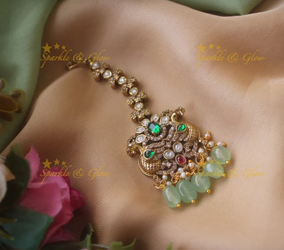 Green Stone Victorian Maang Tikka | Peacock Design
