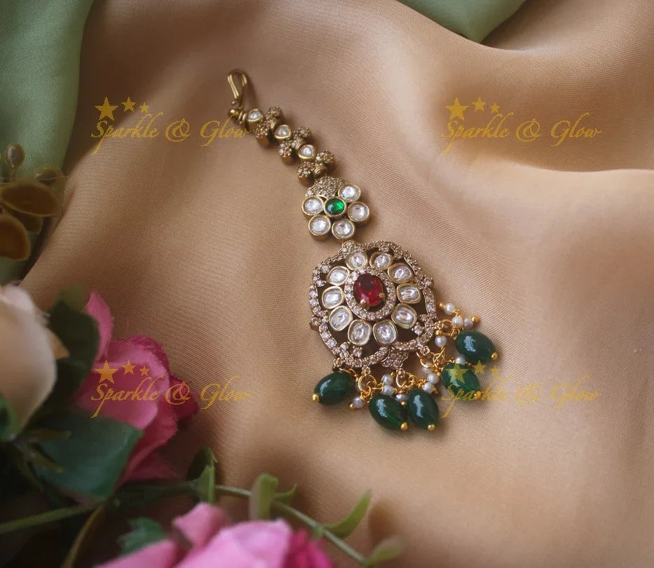 Floral design victorian maang tikka with multi colour stones and purple beads - Sparkle and Glow