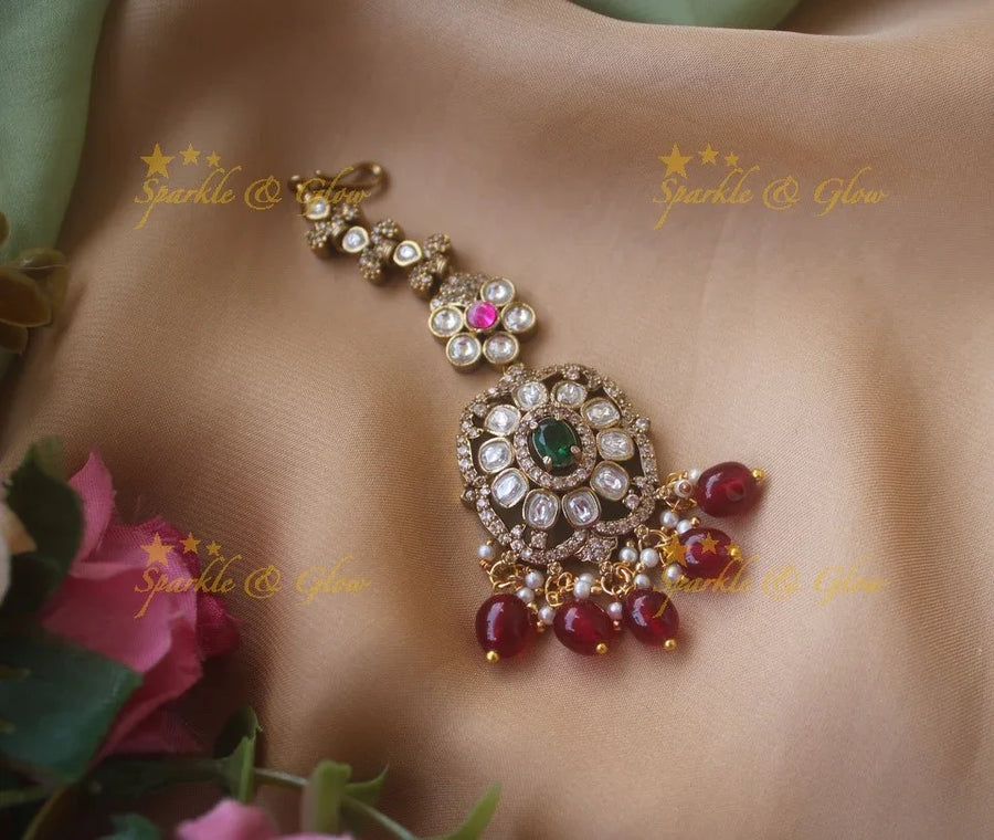 Floral design victorian maang tikka with multi colour stones and purple beads - Sparkle and Glow