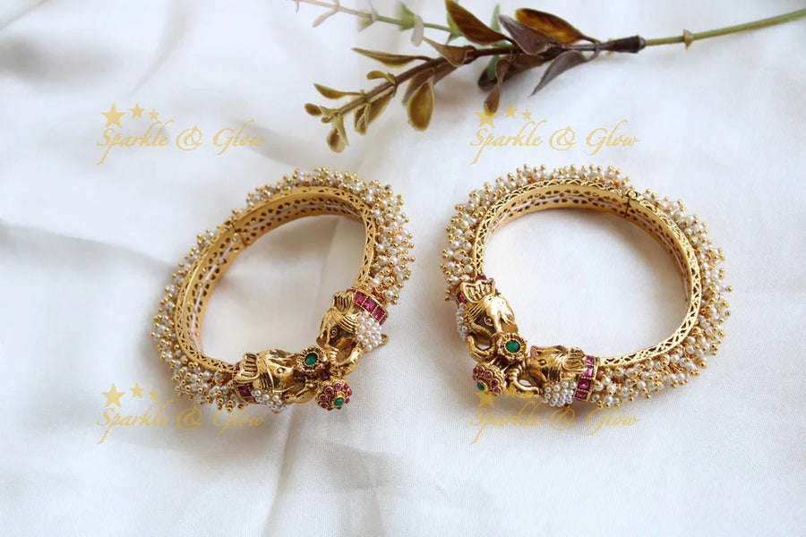 Grand Elephant carved kada with cluster pearls red and green stones screw type a pair, - Sparkle and Glow