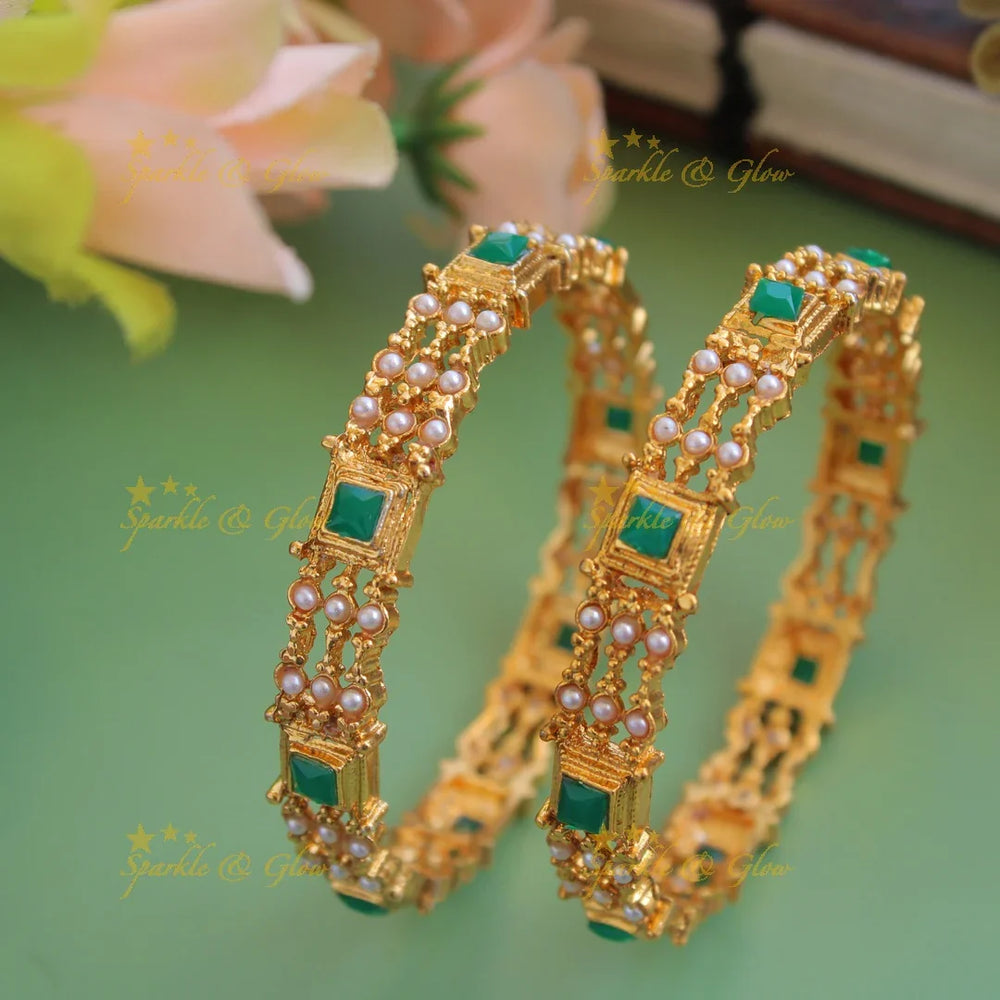 Beautiful Premium Matt pearl emerald and ruby stone bangles a pair - Sparkle and Glow