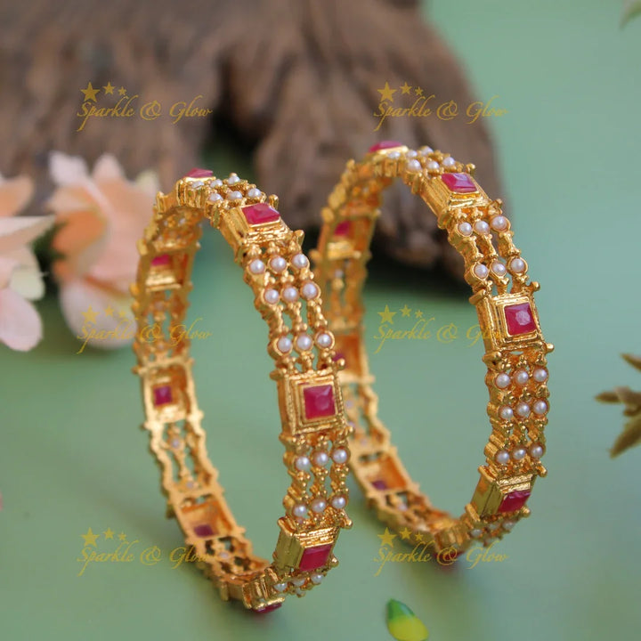 Beautiful Premium Matt pearl emerald and ruby stone bangles a pair - Sparkle and Glow