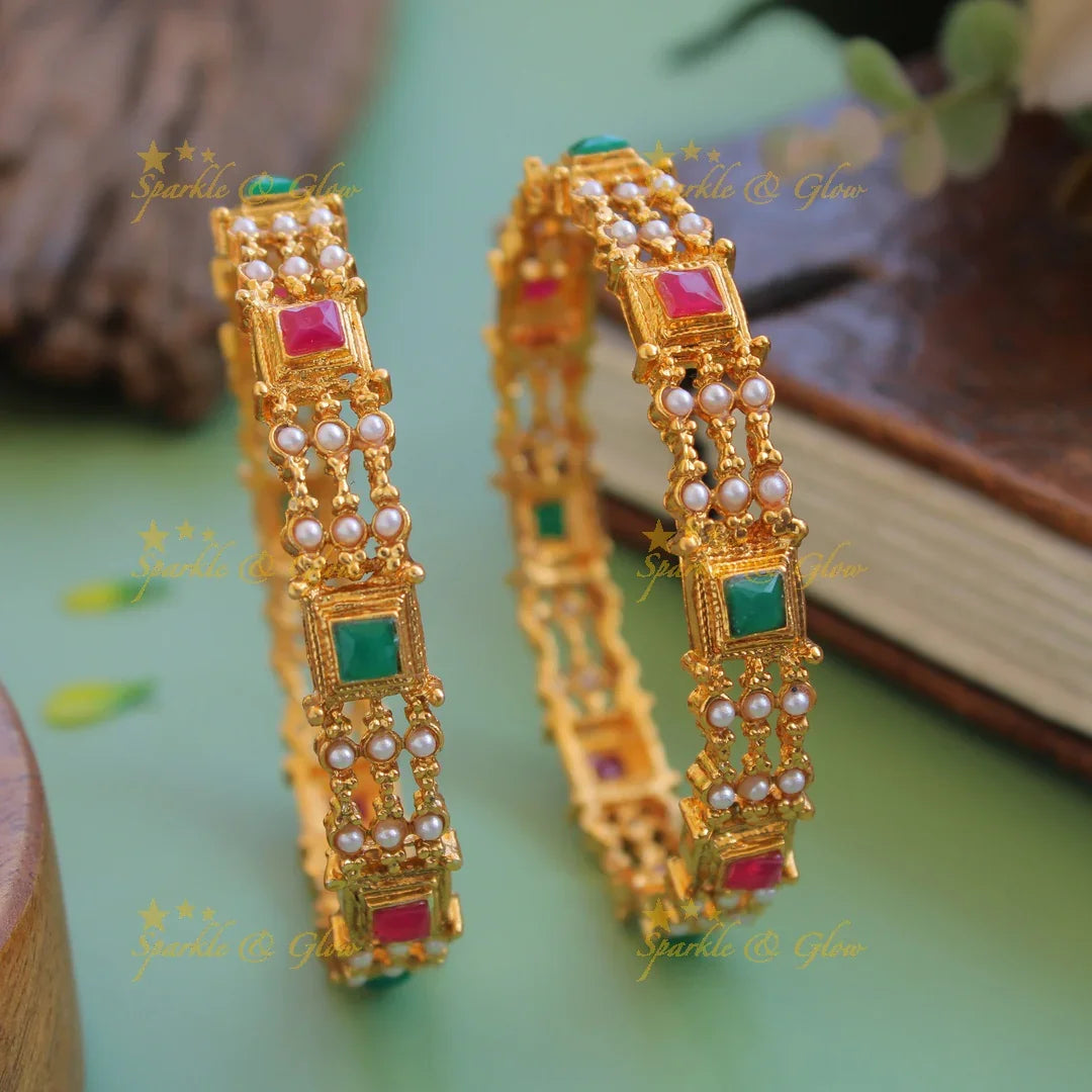 Beautiful Premium Matt pearl emerald and ruby stone bangles a pair - Sparkle and Glow