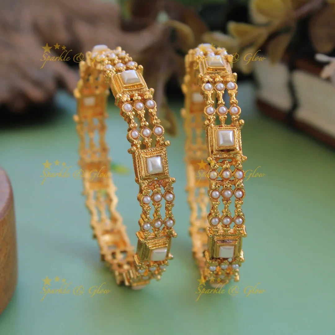 Beautiful Premium Matt pearl emerald and ruby stone bangles a pair - Sparkle and Glow