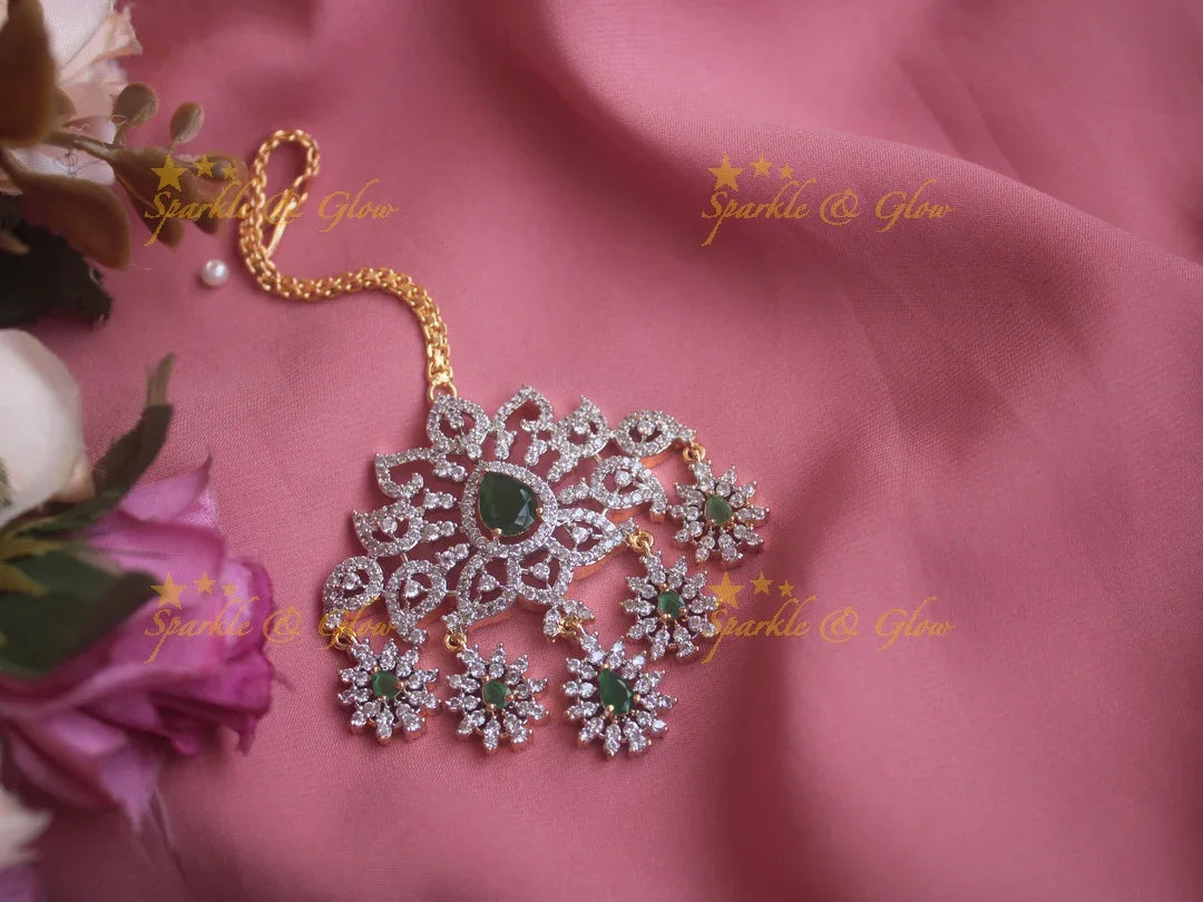 Elegant Gf polish floral design maang tikka with emerald - Sparkle and Glow