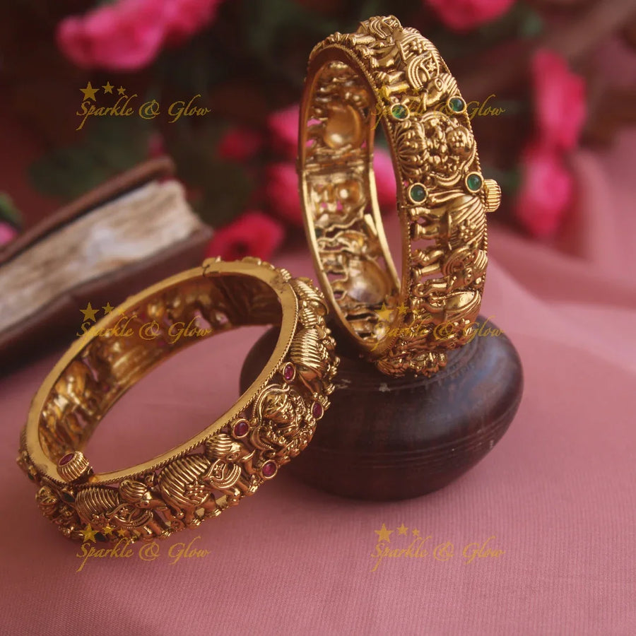 Gorgeous Gold alike Lakshmi elephant carved kada with ruby and emerald screw type a pair, 2.4 - Sparkle and Glow
