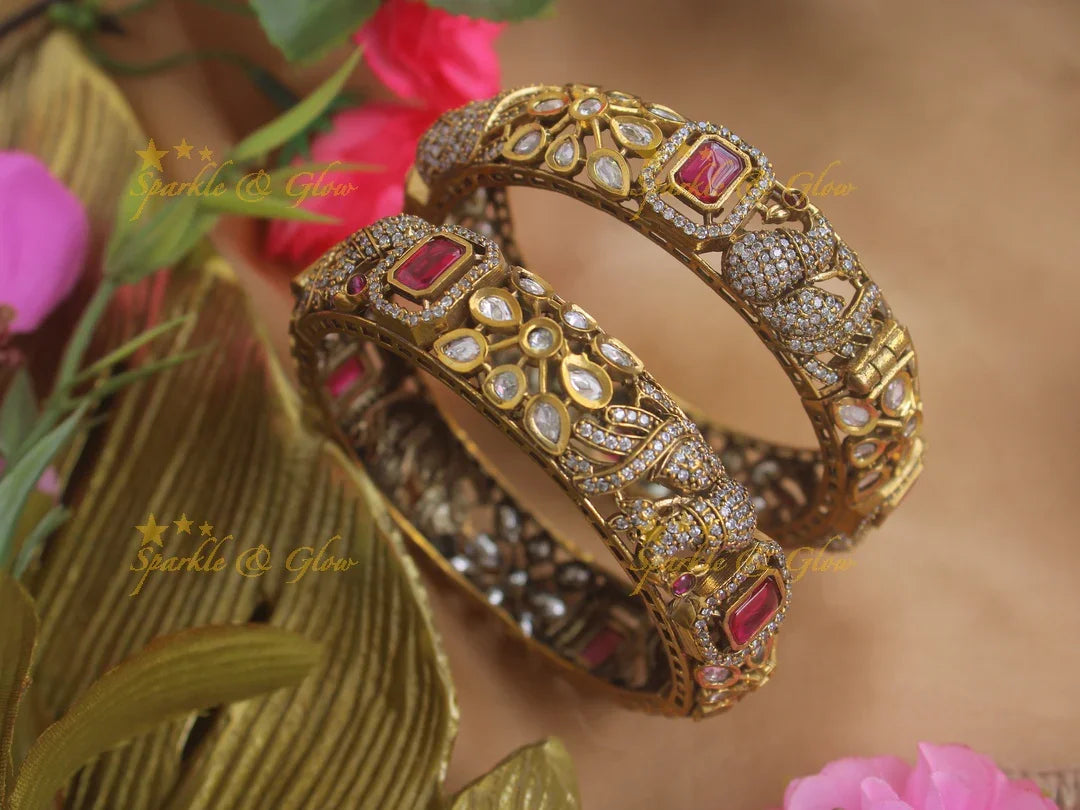 Beautiful peacock design victorian bangles with emerald a pair, - Sparkle and Glow