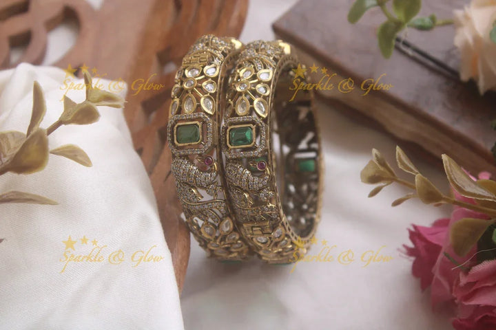 Beautiful peacock design victorian bangles with emerald a pair, - Sparkle and Glow