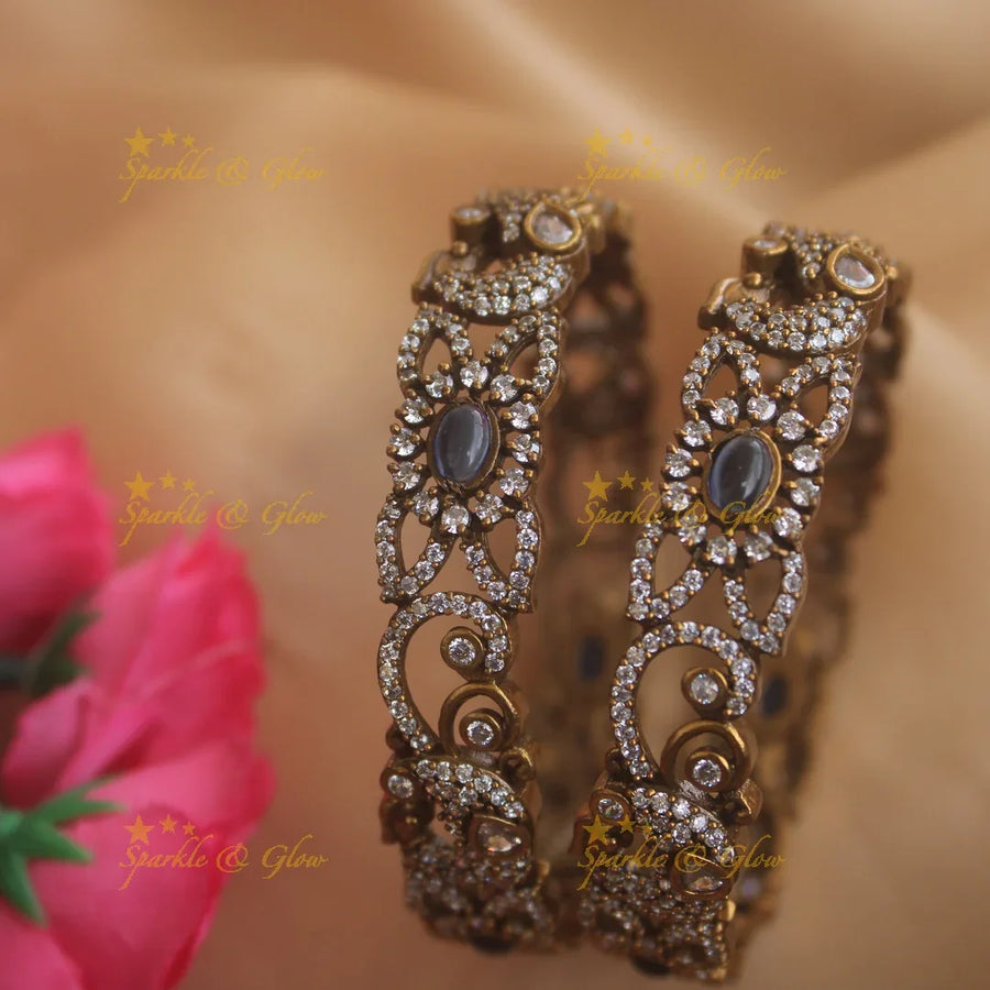 Elegant peacock floral design victorian bangles with navy blue stones a pair, - Sparkle and Glow