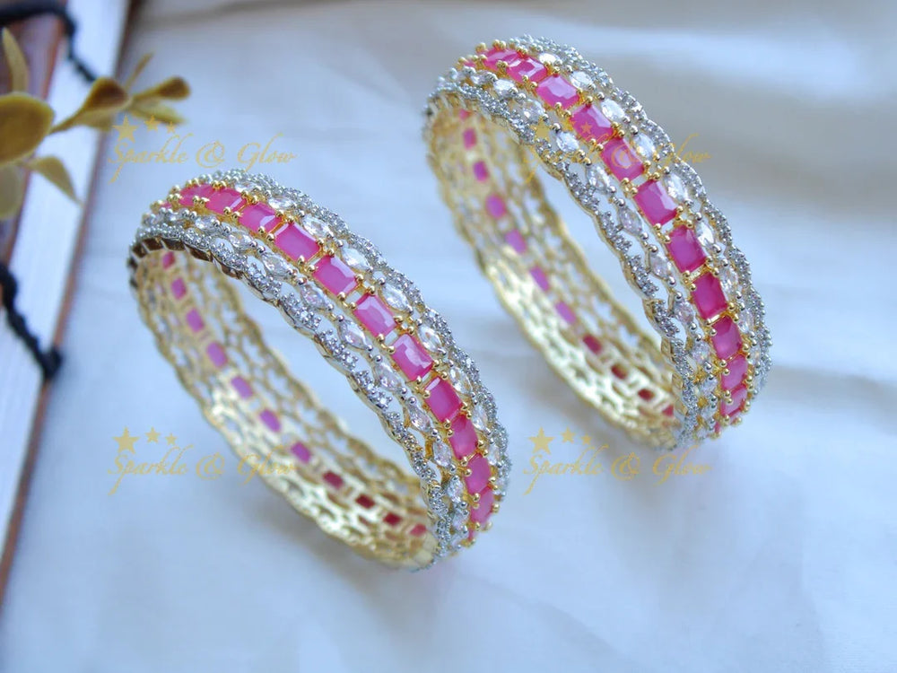 Grand intrecate american diamond bangle with ruby a pair, - Sparkle and Glow