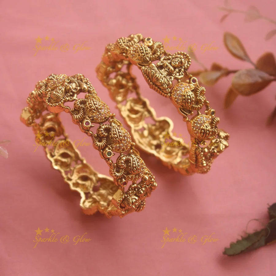 Beautiful Gold alike Lakshmi peacock carved kada with multi colour stones screw type a pair, 2.4 - Sparkle and Glow