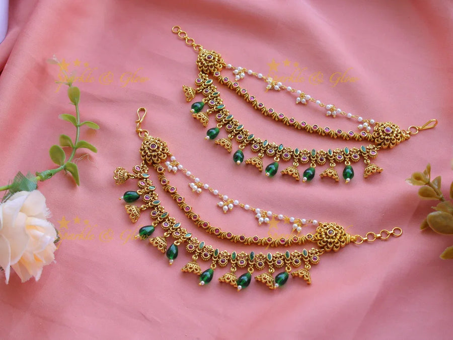 Gold alike jhumuka and green beads drop earchain - Sparkle and Glow