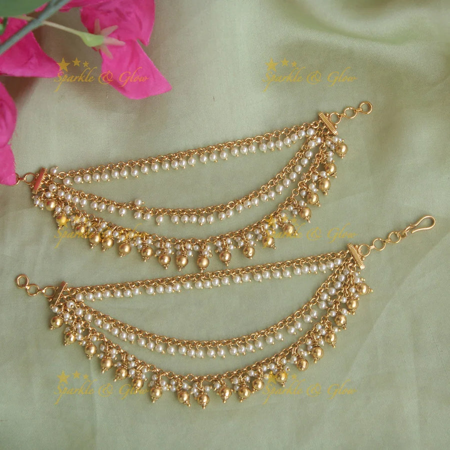Elegant Three layered Gold beads earchain - Sparkle and Glow