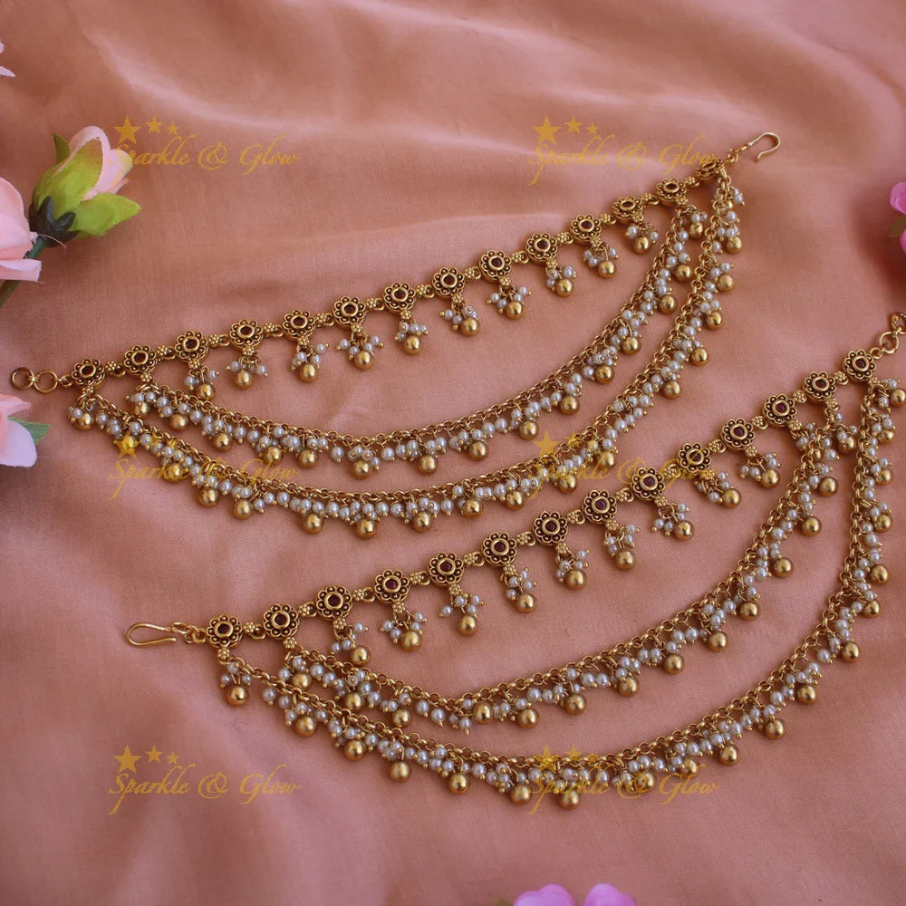 Elegant Floral Pearl and Gold Beads Earchain- White - Sparkle and Glow