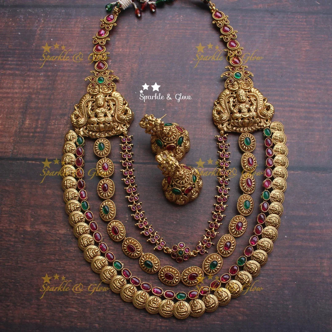 Gold alike polished layered coin lakshmi haram - Sparkle and Glow