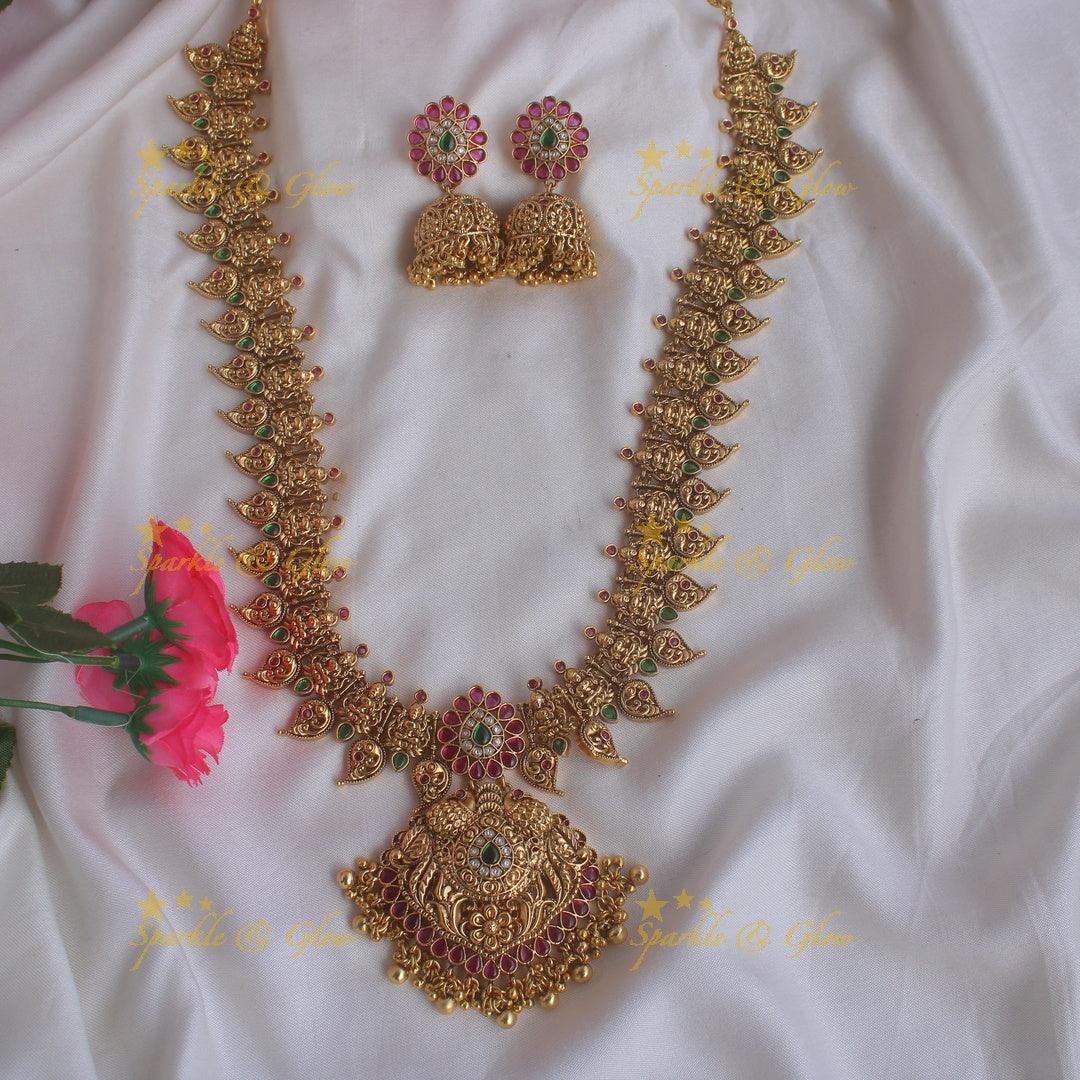 Grand Gold alike Lakshmi peacock mango long necklace with ruby emerald and green beads - Sparkle and Glow