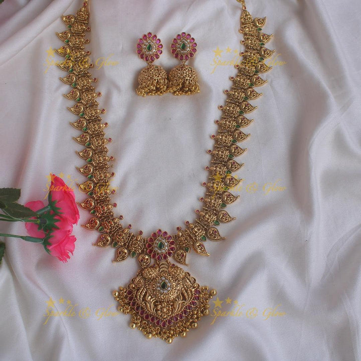Grand Gold alike Lakshmi peacock mango long necklace with ruby emerald and green beads - Sparkle and Glow