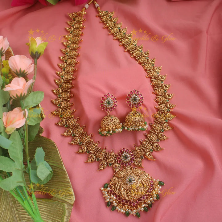 Grand Gold alike Lakshmi peacock mango long necklace with ruby emerald and green beads - Sparkle and Glow