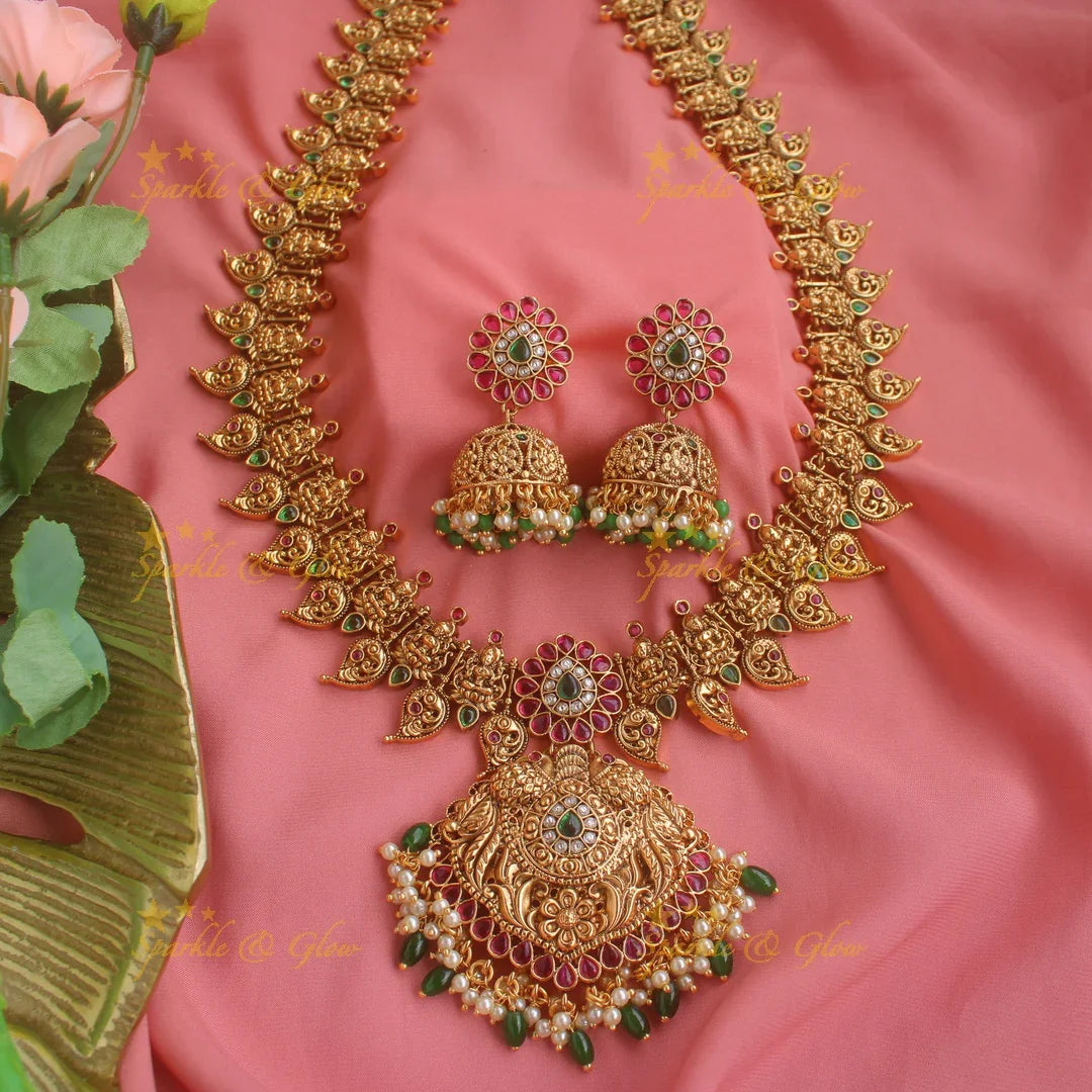 Grand Gold alike Lakshmi peacock mango long necklace with ruby emerald and green beads - Sparkle and Glow