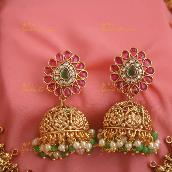 Grand Gold alike Lakshmi peacock mango long necklace with ruby emerald and green beads - Sparkle and Glow