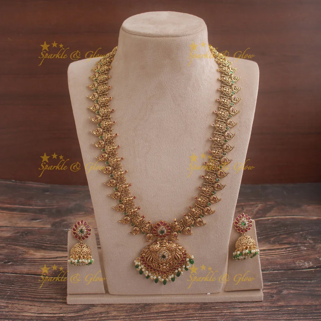 Grand Gold alike Lakshmi peacock mango long necklace with ruby emerald and green beads - Sparkle and Glow