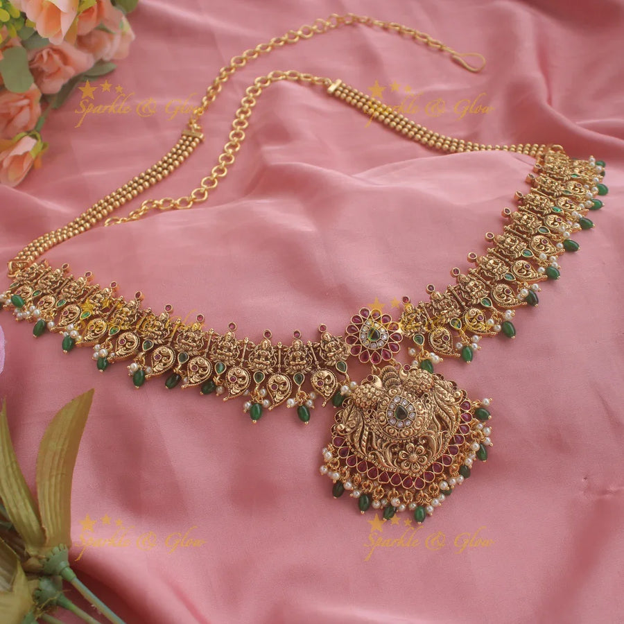 Gold alike Lakshmi peacock mango hipchain with ruby emerald and gold beads - Sparkle and Glow