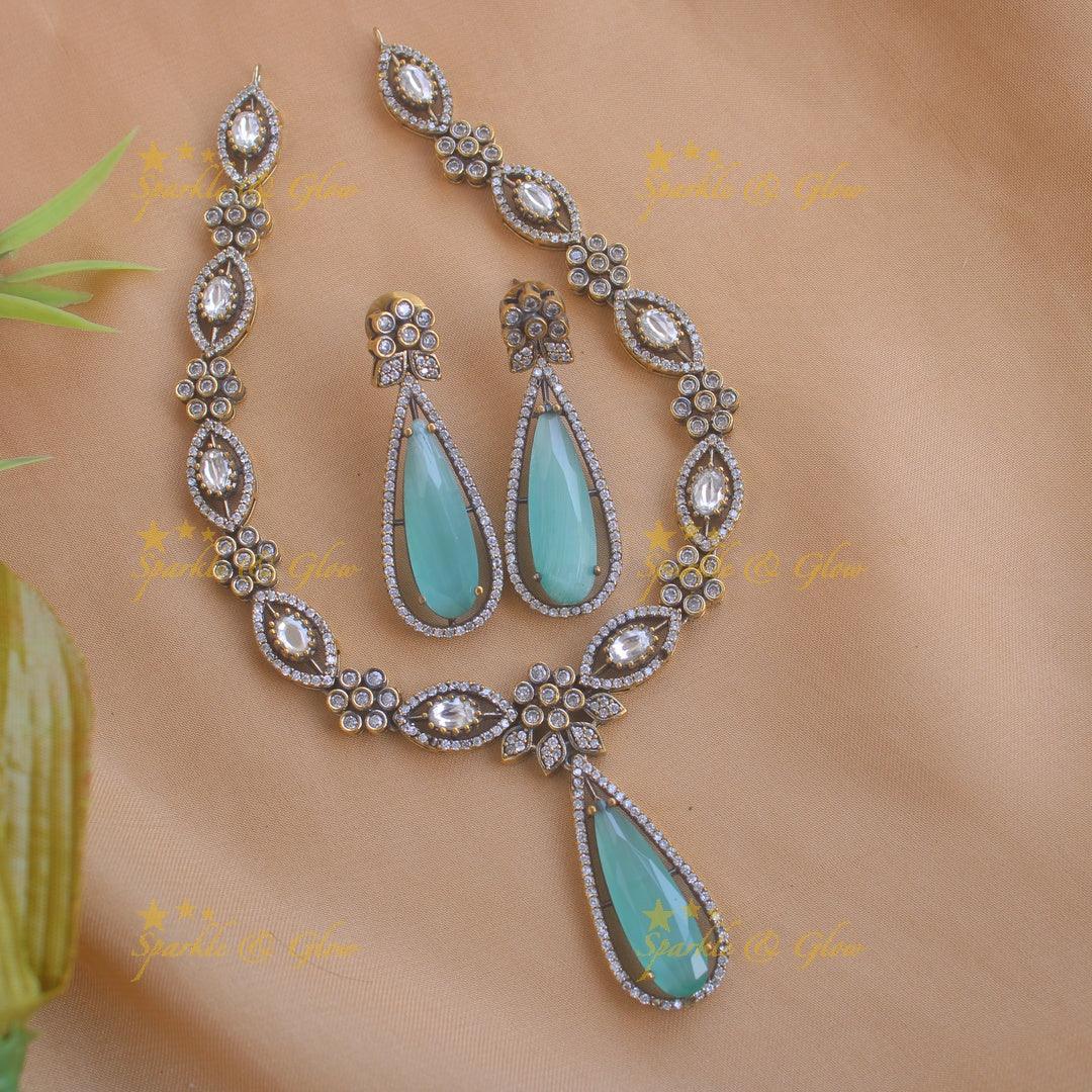 Stunning Floral and leaf design Victorian AD short necklace - sea blue - Sparkle and Glow