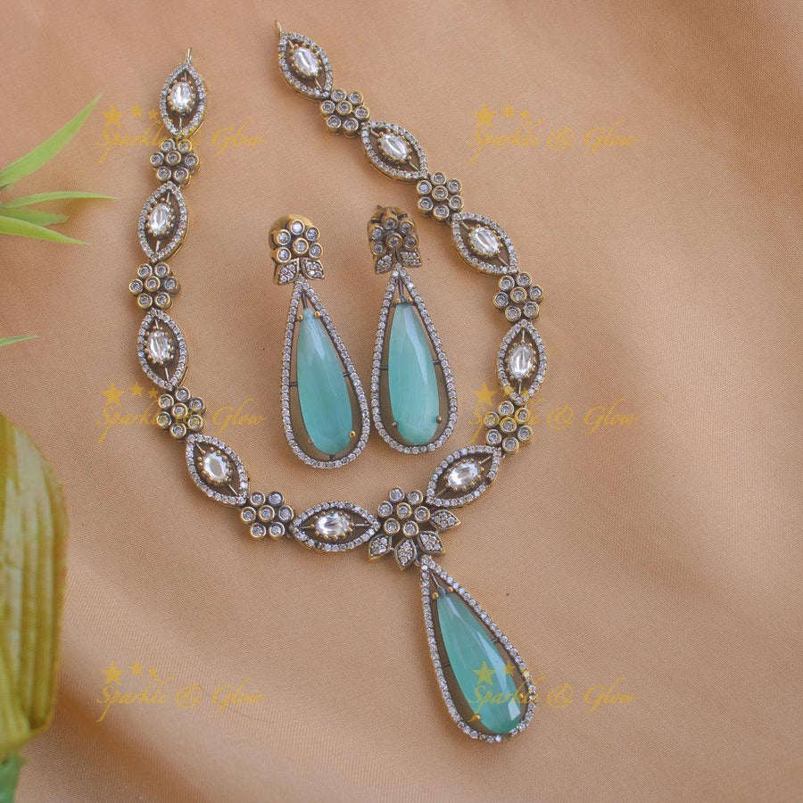 Stunning Floral and leaf design Victorian AD short necklace - sea blue - Sparkle and Glow